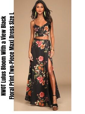 Lulus Bloom With a View Black Floral Print Two-Piece Maxi Dress Size L